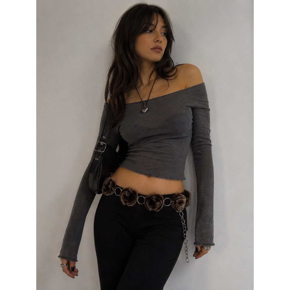 Genuine Fur Pom Pom Chain Belt Adjustable Brown Y2K Indie Sleaze Grunge One Size